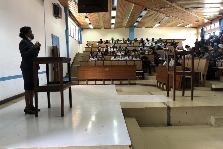 MBChB Year 5( 2022/2023) second term group students being taken through on what to expect when they rotate in the Newborn  unit during rotation in Paediatrics and Child Health. Dr Florence Murila, the NBU Unit Leader, gives an orientation lecture.