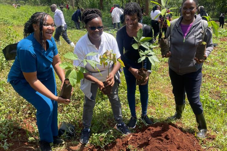 The staff and students participating in the tree planting exercise