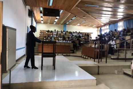 MBChB Year 5 second term group being taken through on what to expect when they rotate to Mbagathi hospital during their Child Health lectures.Dr Beatrice Mutai,the unit leader,gives an orientation lecture.